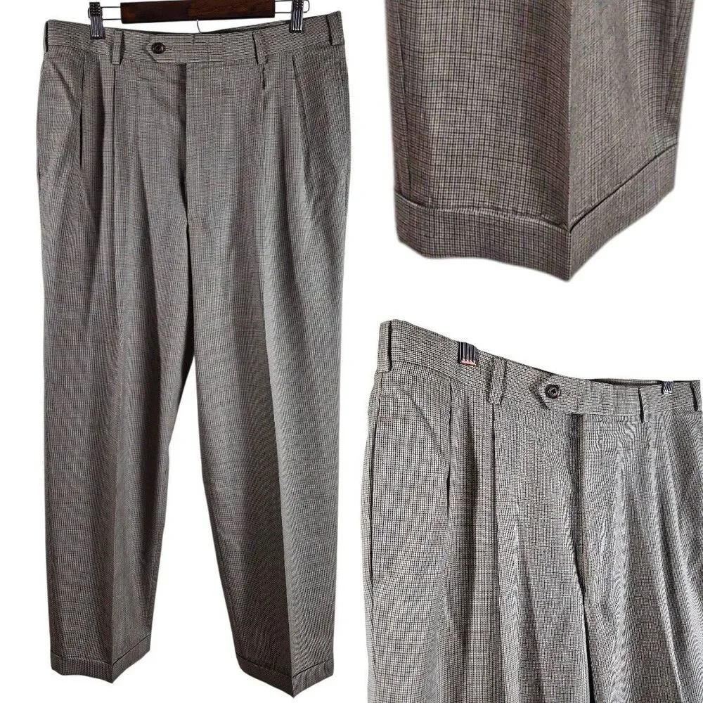 Vtg Tommy Hilfiger 42L Brown Houndstooth 3Pc Suit Set Old Money Academia Wedding